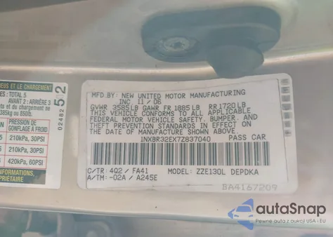 2007 Toyota Corolla Ce z USA, uszkodzony, nr VIN 1NXBR32EX7Z837040